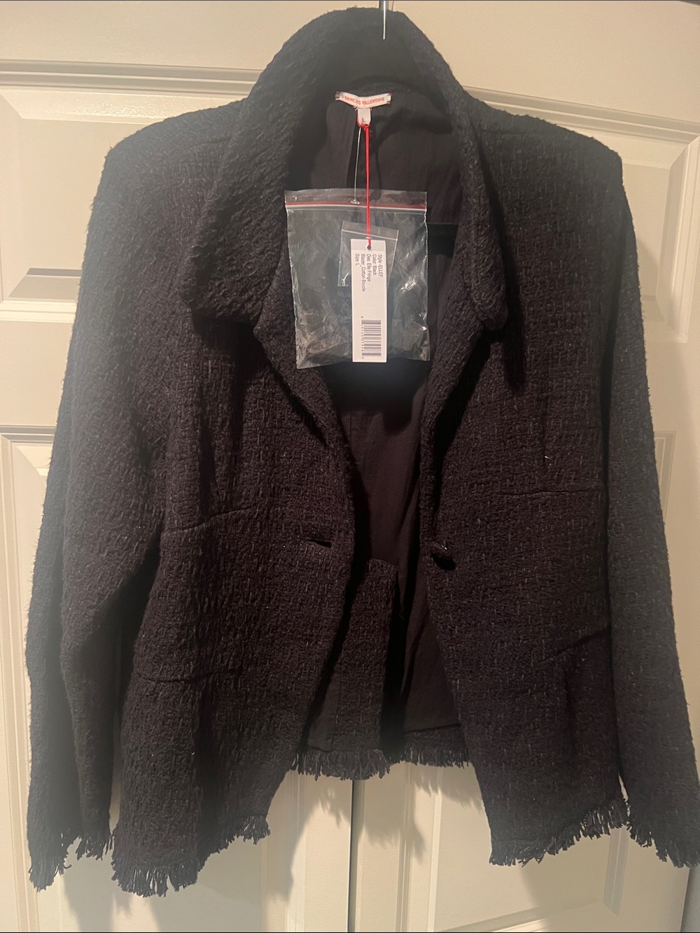 Frances Valentine Black Elle Fringe  Blazer with Fringe Hem, NWT. Size L